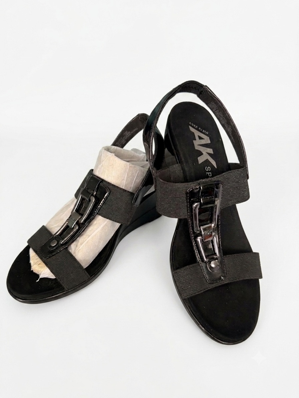 Anne Klein Black Elastic Strap Chain-Accent Sandals